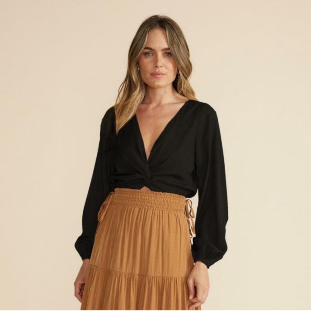 MINKPINK Black Harper Twist Front Wrap Blouse with Long Sleeves Small